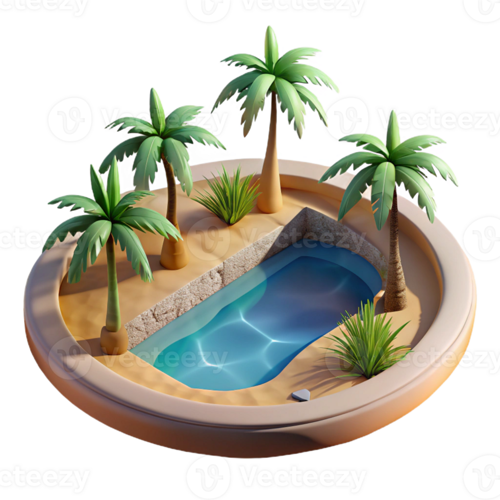 elegant traditional A desert oasis with palm trees and a shimmering pool, warm, midday sunlight, photorealistic style high resolution png