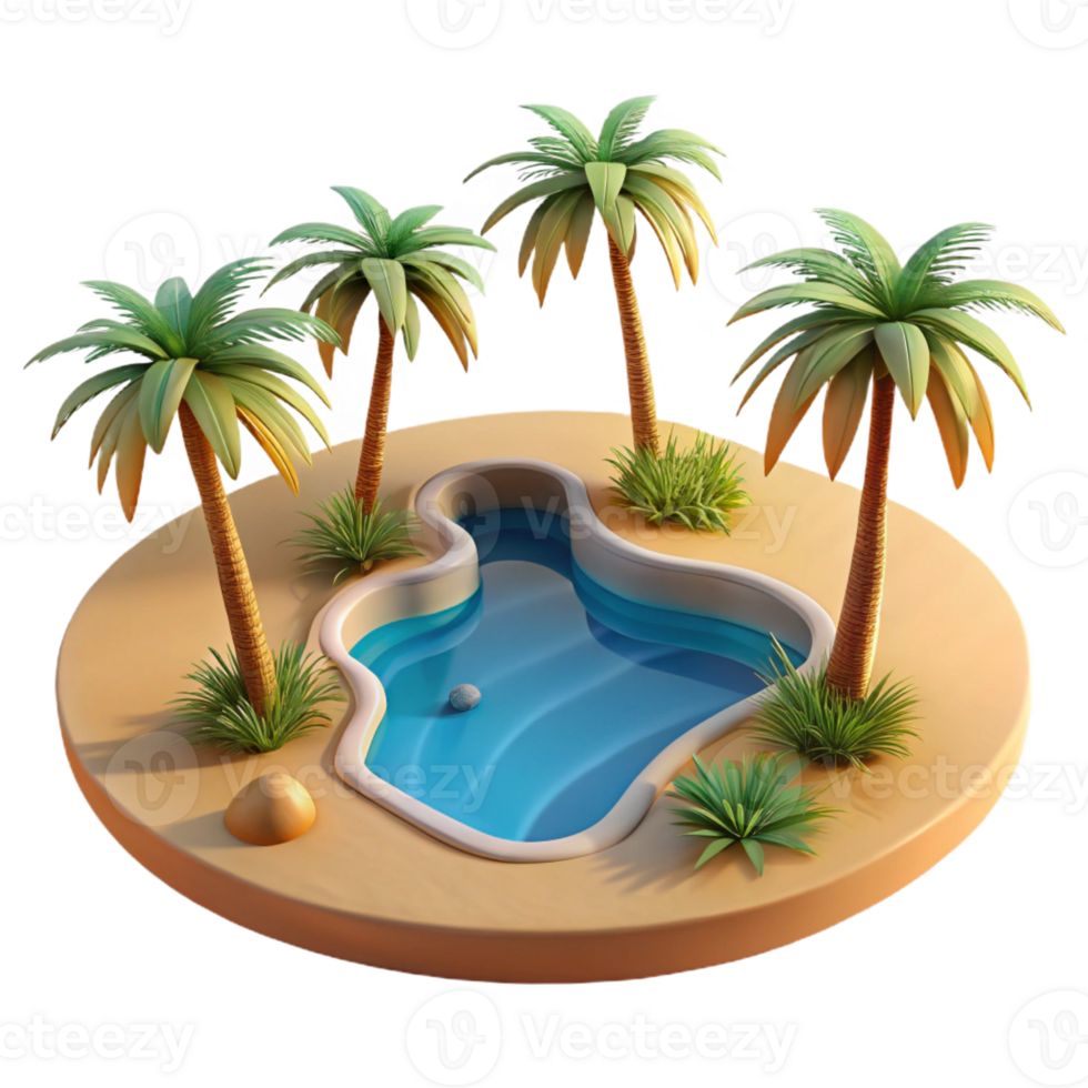vibrant contemporary A desert oasis with palm trees and a shimmering pool, warm, midday sunlight, photorealistic style original png