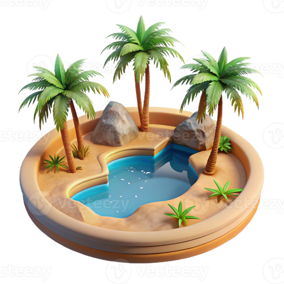 vibrant modern A desert oasis with palm trees and a shimmering pool, warm, midday sunlight, photorealistic style authentic png