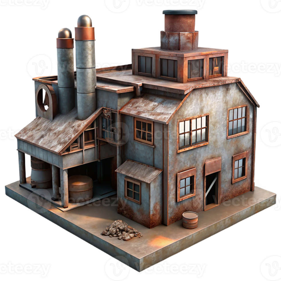 serene modern An abandoned factory with rusted machinery and broken windows, dim, industrial lighting, dystopian style premium png