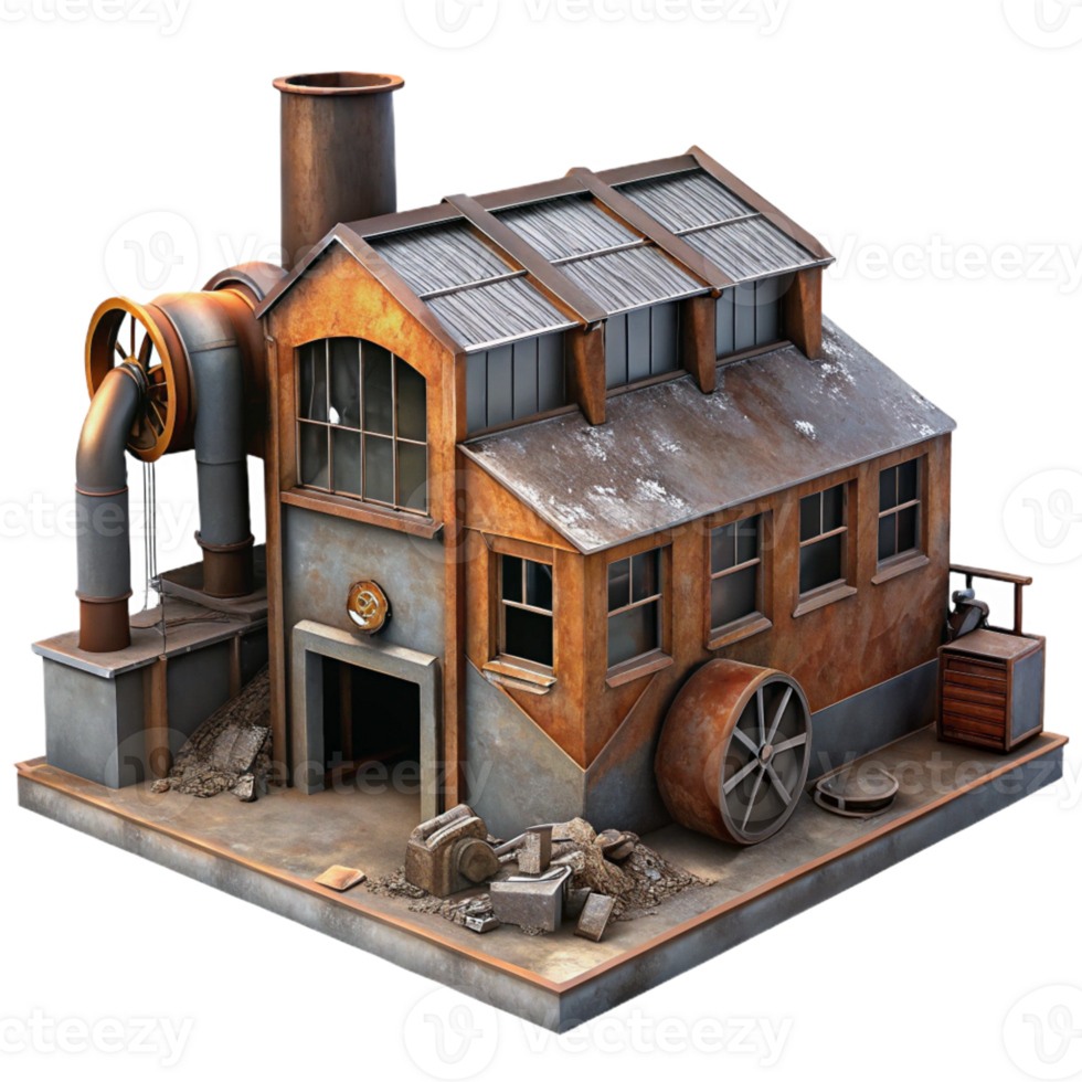elegant contemporary An abandoned factory with rusted machinery and broken windows, dim, industrial lighting, dystopian style original png