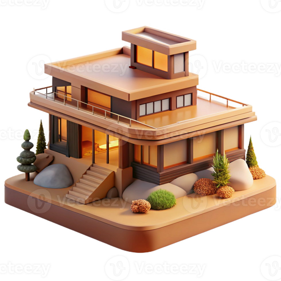 impressive classic A Frank Lloyd Wright-inspired house integrated into the natural landscape, warm, earthy tones, organic architecture style authentic png