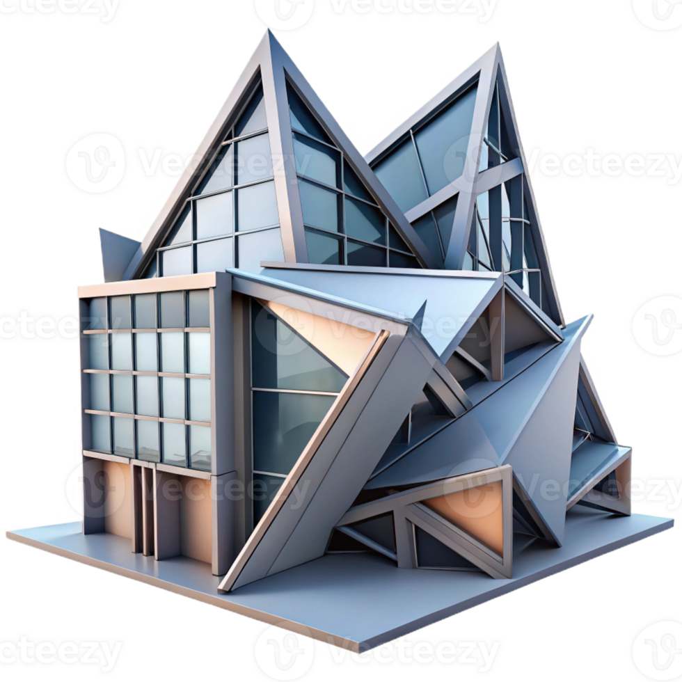 serene minimalist A Deconstructivist building with fragmented forms and distorted angles, sharp, contrasting lighting, postmodern style exclusive png