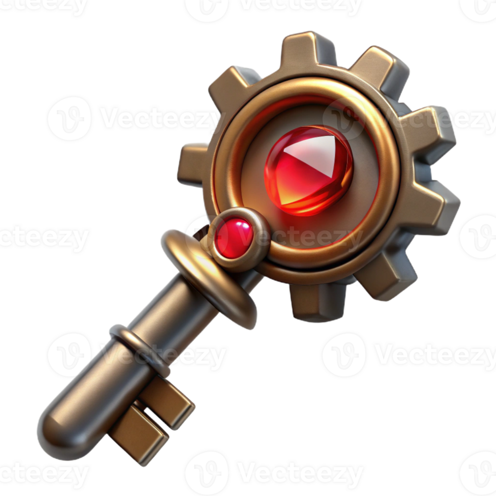 beautiful classic A close-up of a steampunk key with intricate gears, symbols, and a glowing red gemstone. Soft, diffused lighting, fantasy style genuine png