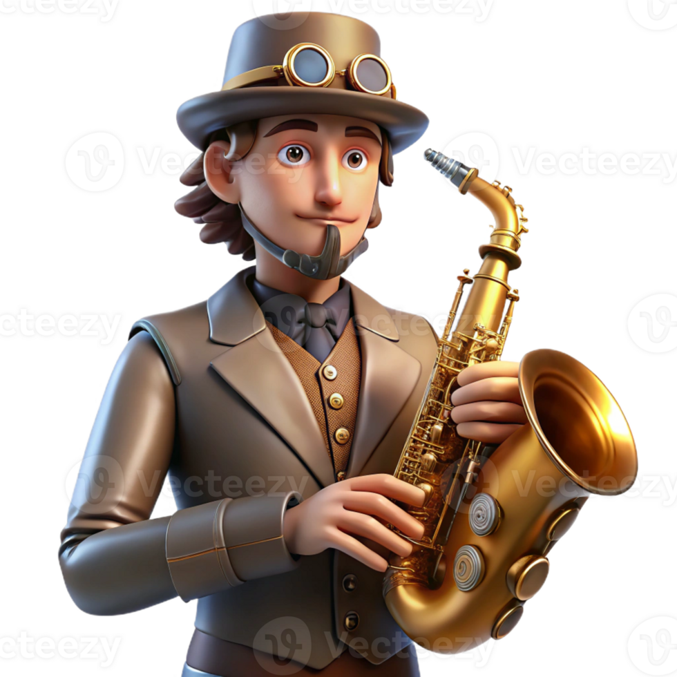 impressive modern A portrait of a steampunk musician playing a brass and copper saxophone, lit by warm, flickering stage lights. Highly detailed, sharp focus, art nouveau style detailed png