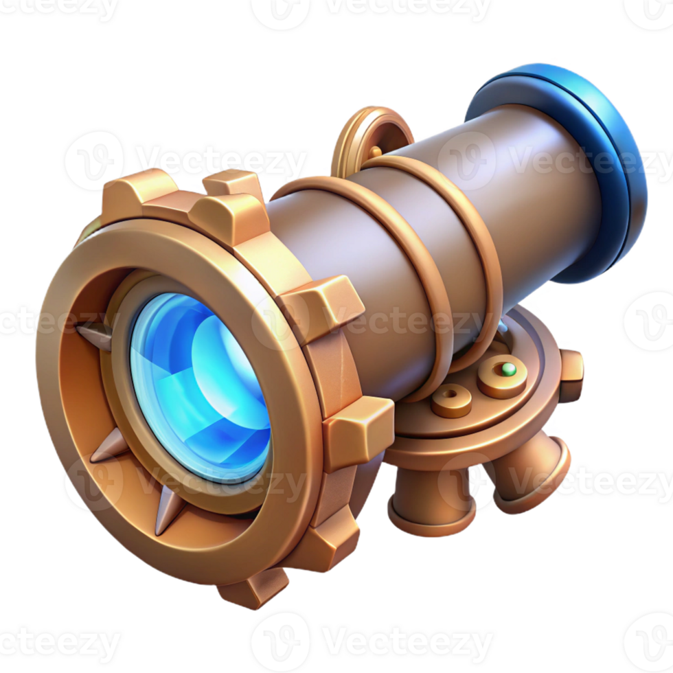 magnificent contemporary A detailed illustration of a steampunk telescope with intricate gears, lenses, and a glowing blue crystal eyepiece. Soft, diffused lighting, vintage style premium png