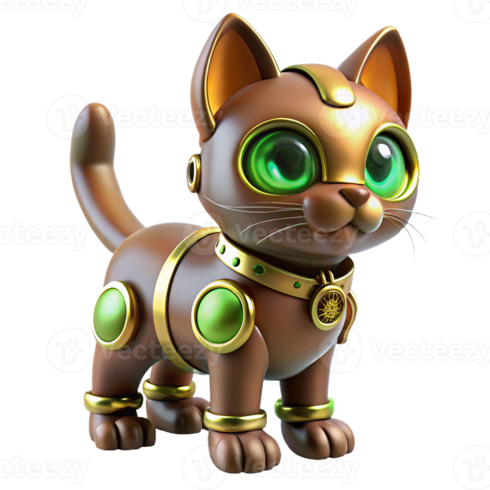 elegant artistic A steampunk robotic cat with intricate gears, glowing green eyes, and a brass collar. Soft, diffused lighting, whimsical style genuine png