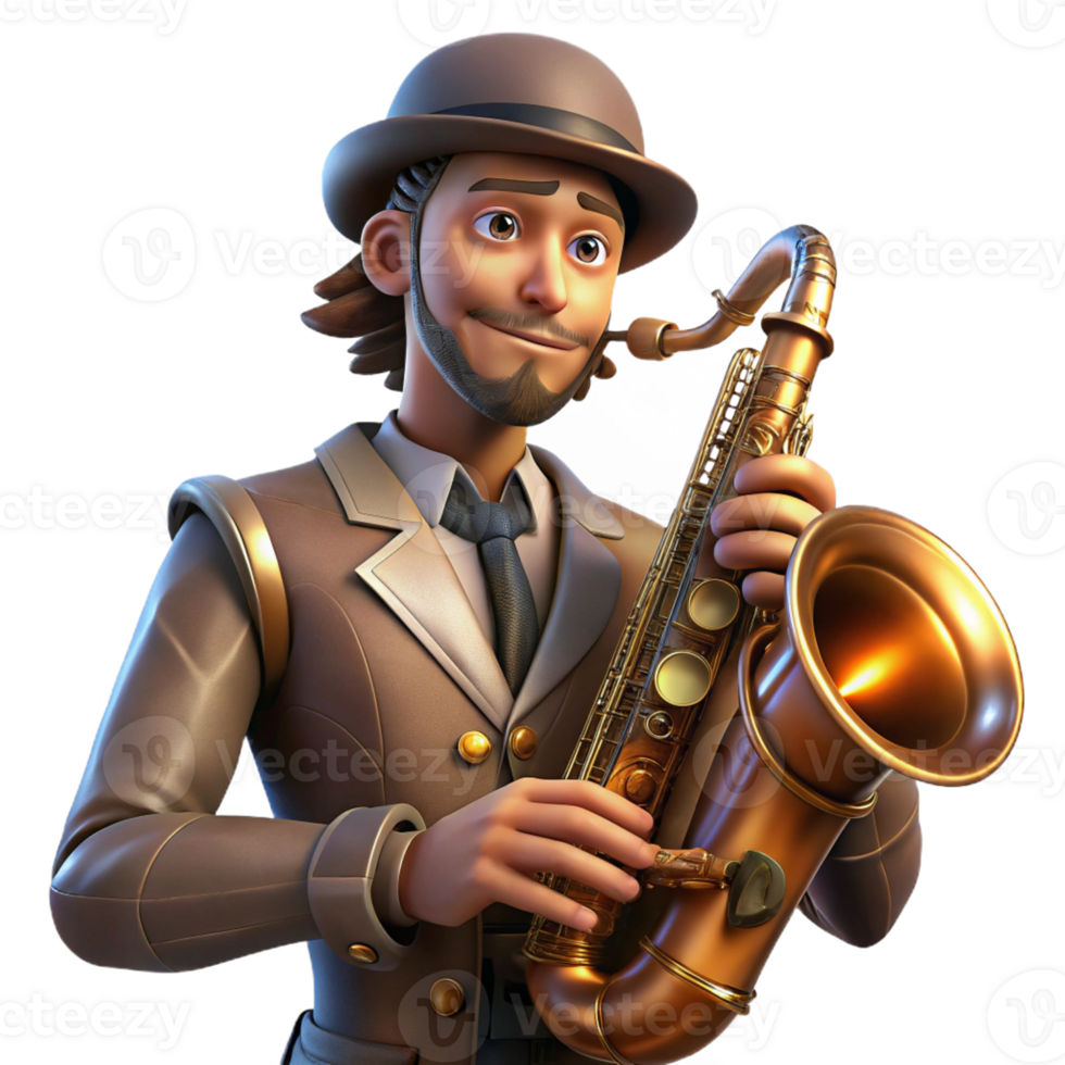 vibrant traditional A portrait of a steampunk musician playing a brass and copper saxophone, lit by warm, flickering stage lights. Highly detailed, sharp focus, art nouveau style 4K png