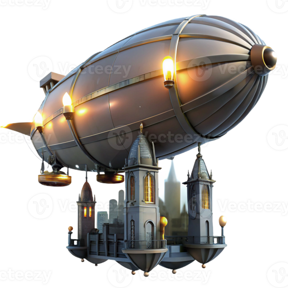 stunning contemporary A steampunk zeppelin floating above a bustling city, illuminated by flickering gaslights and searchlights. Dramatic lighting, noir atmosphere high quality png