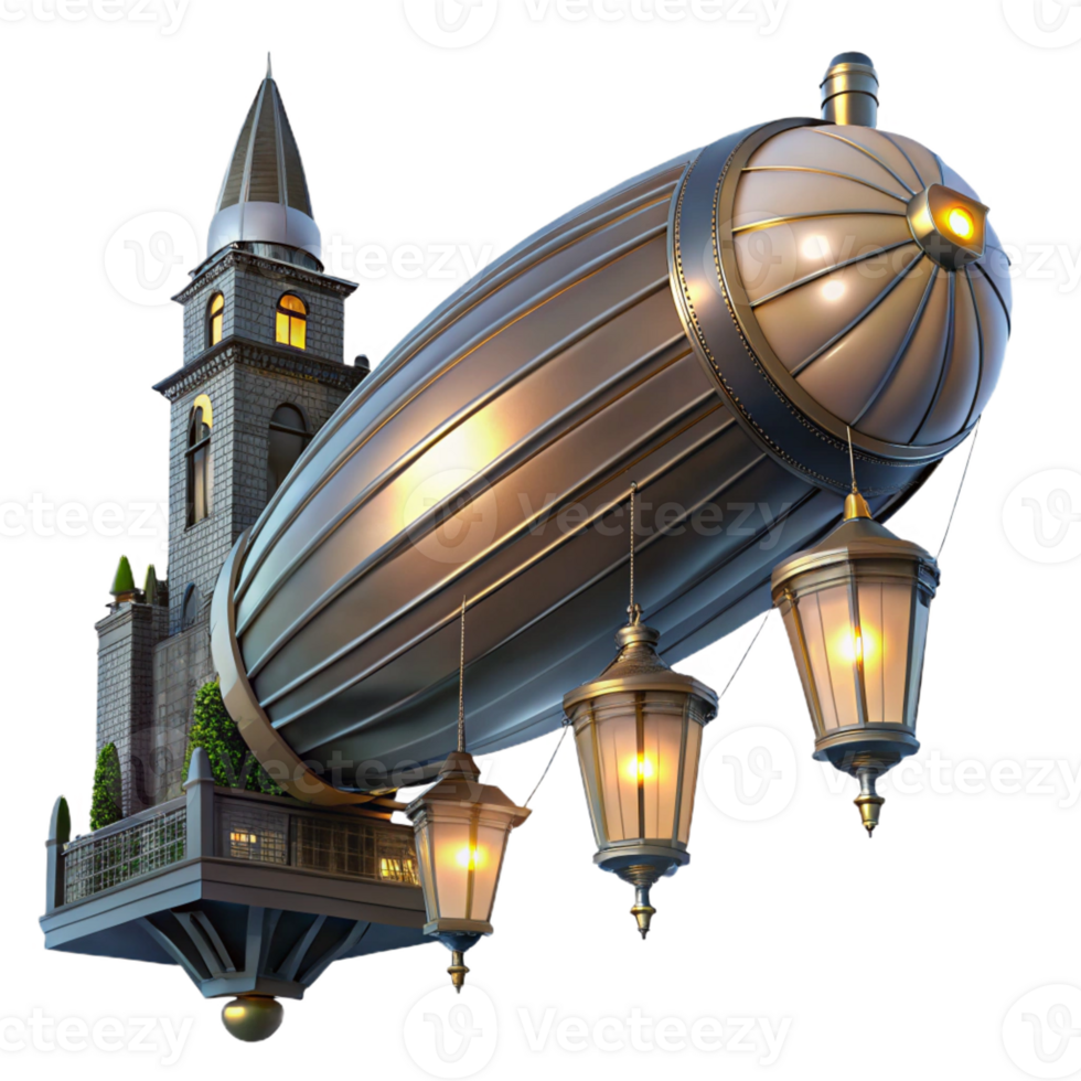 serene classic A steampunk zeppelin floating above a bustling city, illuminated by flickering gaslights and searchlights. Dramatic lighting, noir atmosphere authentic png