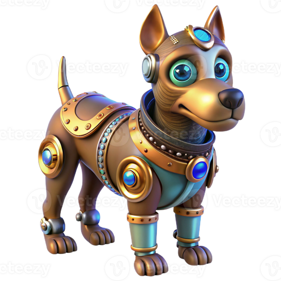 vibrant minimalist A steampunk robotic dog with intricate gears, glowing blue eyes, and a leather collar. Soft, diffused lighting, whimsical style genuine png