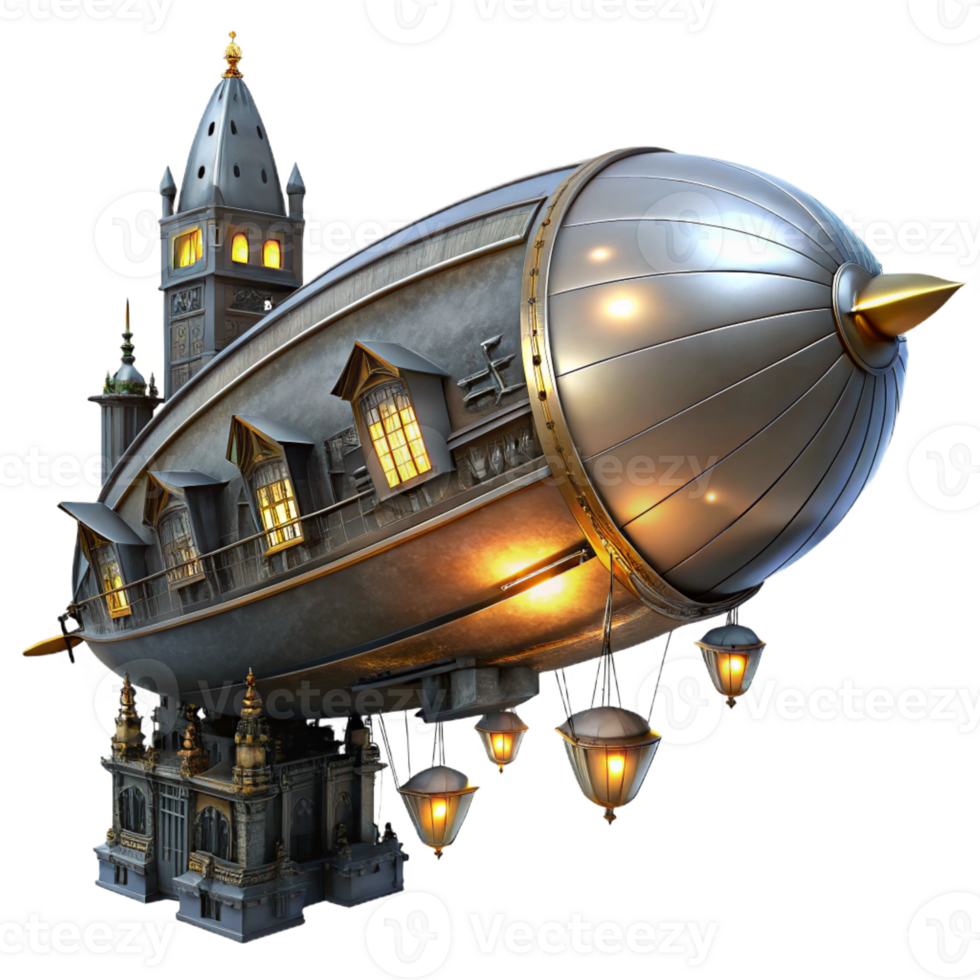impressive artistic A steampunk zeppelin floating above a bustling city, illuminated by flickering gaslights and searchlights. Dramatic lighting, noir atmosphere 4K png