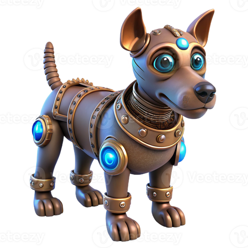 beautiful contemporary A steampunk robotic dog with intricate gears, glowing blue eyes, and a leather collar. Soft, diffused lighting, whimsical style high quality png