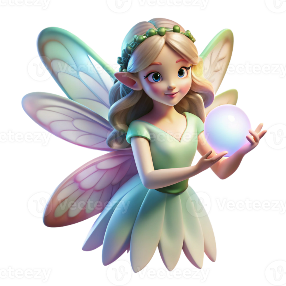 beautiful creative A delicate fairy with gossamer wings and a flower crown, holding a glowing orb, illuminated by soft, magical light. Art style dreamy illustration detailed png