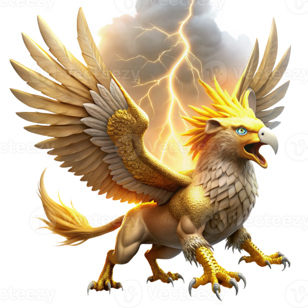 wonderful abstract A majestic griffin with golden feathers and piercing amber eyes soaring through a storm-ridden sky, illuminated by flashes of lightning. Art style dramatic painting professional png