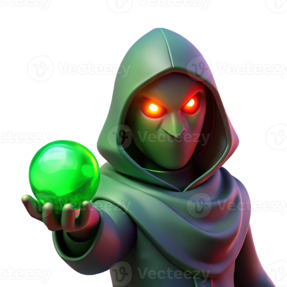 magnificent rustic A mysterious, hooded figure with glowing red eyes, holding a glowing orb, illuminated by an eerie green light. Art style dark fantasy art exclusive png