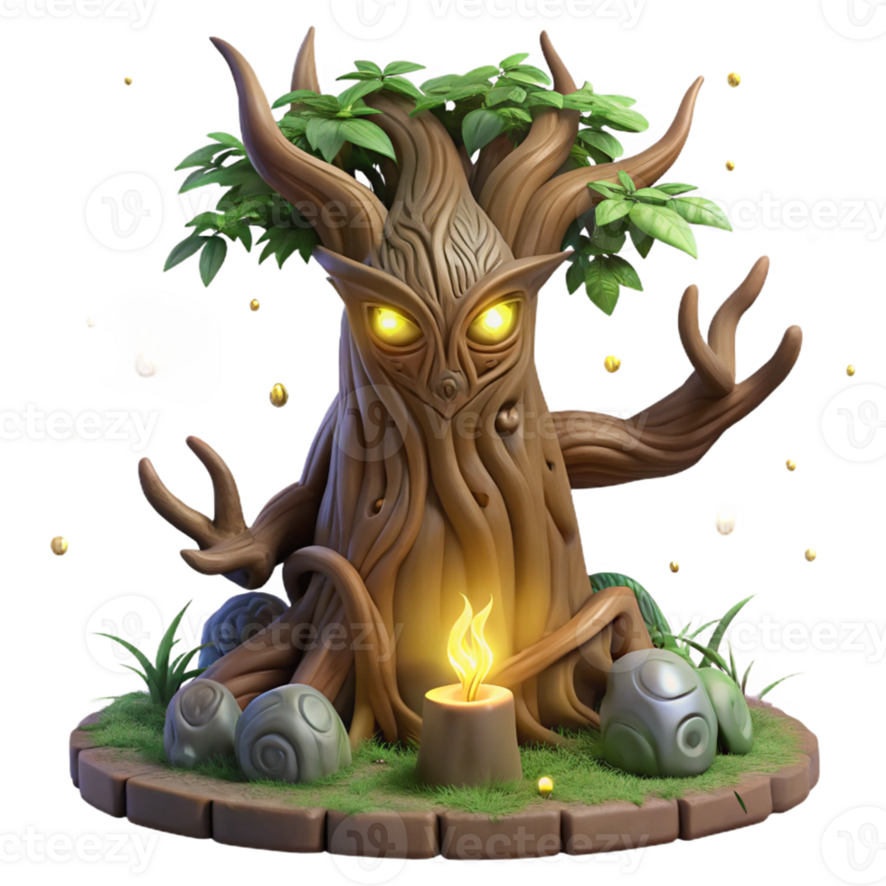 elegant modern An ancient, gnarled tree spirit with glowing runes carved into its bark, surrounded by swirling fireflies, lit by the soft glow of a full moon. Art style ethereal digital art exclusive png
