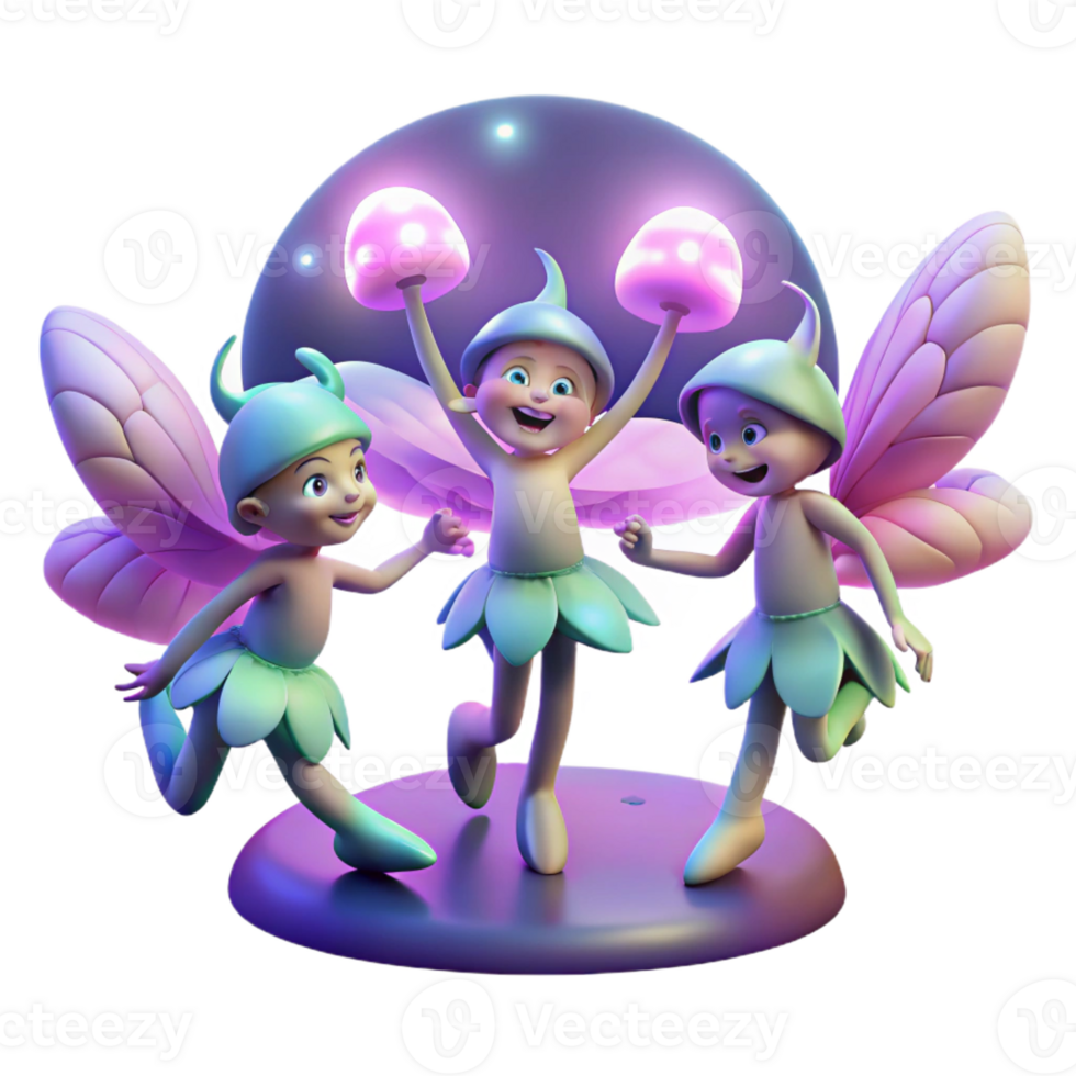 dramatic modern A group of playful pixies with iridescent wings and mischievous grins, dancing in a circle of glowing mushrooms, illuminated by moonlight. Art style whimsical digital art 4K png