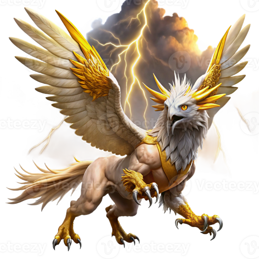 dramatic classic A majestic griffin with golden feathers and piercing amber eyes soaring through a storm-ridden sky, illuminated by flashes of lightning. Art style dramatic painting authentic png