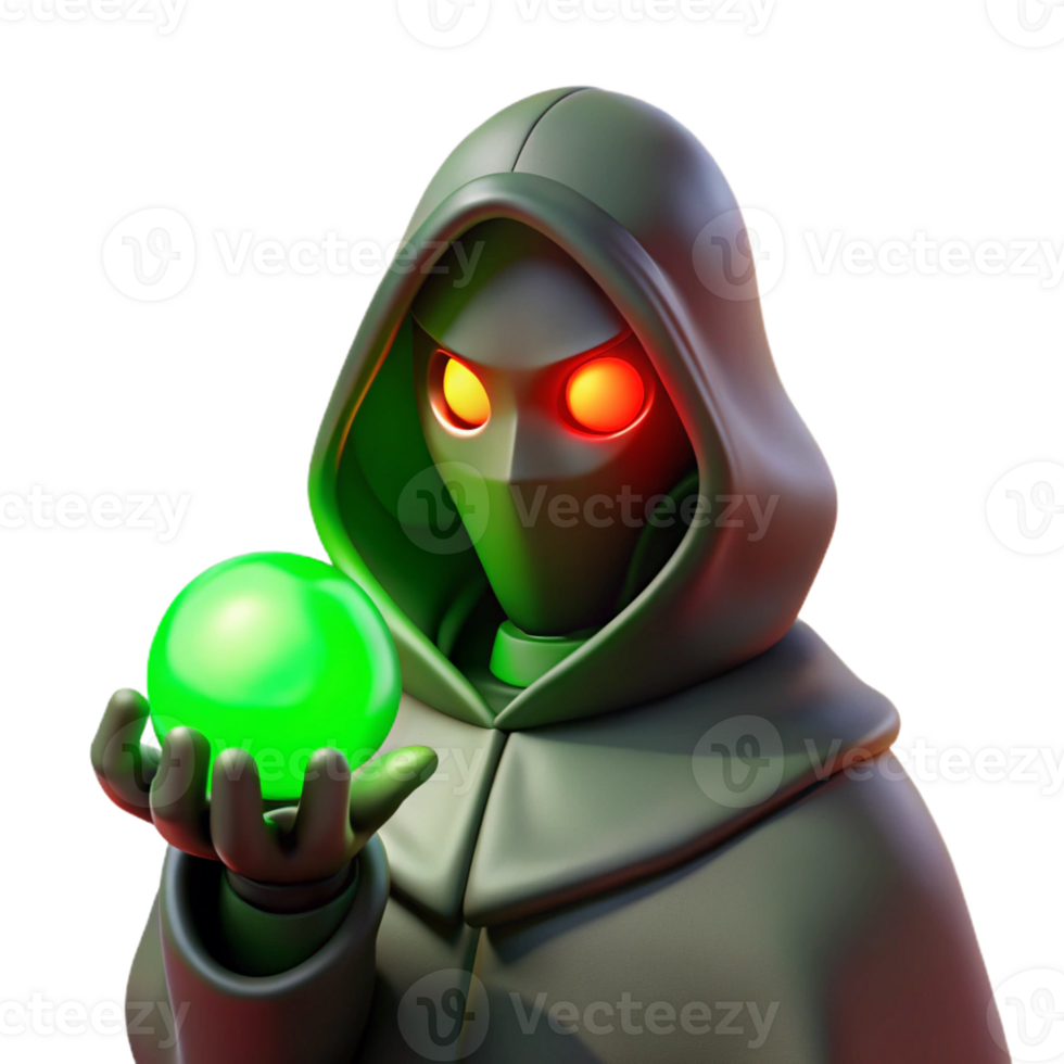 beautiful minimalist A mysterious, hooded figure with glowing red eyes, holding a glowing orb, illuminated by an eerie green light. Art style dark fantasy art 4K png