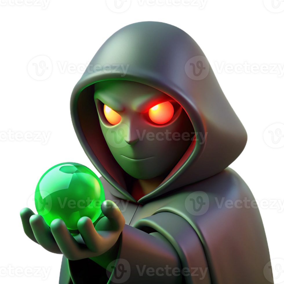 beautiful artistic A mysterious, hooded figure with glowing red eyes, holding a glowing orb, illuminated by an eerie green light. Art style dark fantasy art premium png