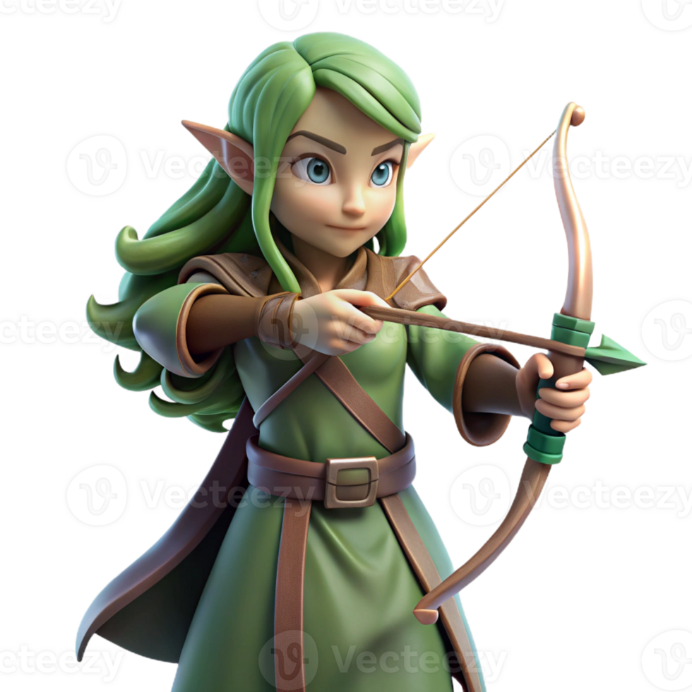 extraordinary vintage A graceful elf with pointed ears and long, flowing hair, wielding a bow and arrow, illuminated by dappled sunlight. Art style realistic fantasy art authentic png