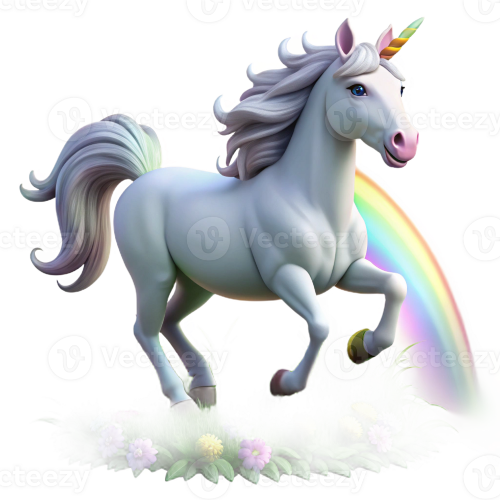 dramatic artistic A majestic unicorn with a silver horn and flowing white mane, galloping through a field of wildflowers, illuminated by a rainbow. Art style fantasy painting professional png