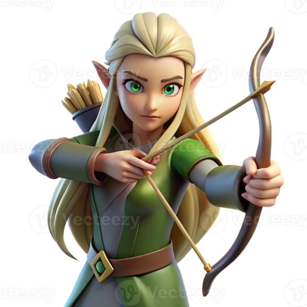 elegant creative A graceful elf with pointed ears and long, flowing hair, wielding a bow and arrow, illuminated by dappled sunlight. Art style realistic fantasy art premium png