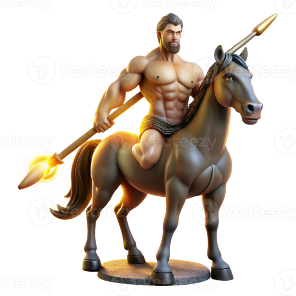 vibrant rustic A powerful centaur with a muscular human torso and a horse's body, wielding a spear, illuminated by the setting sun. Art style heroic fantasy art professional png