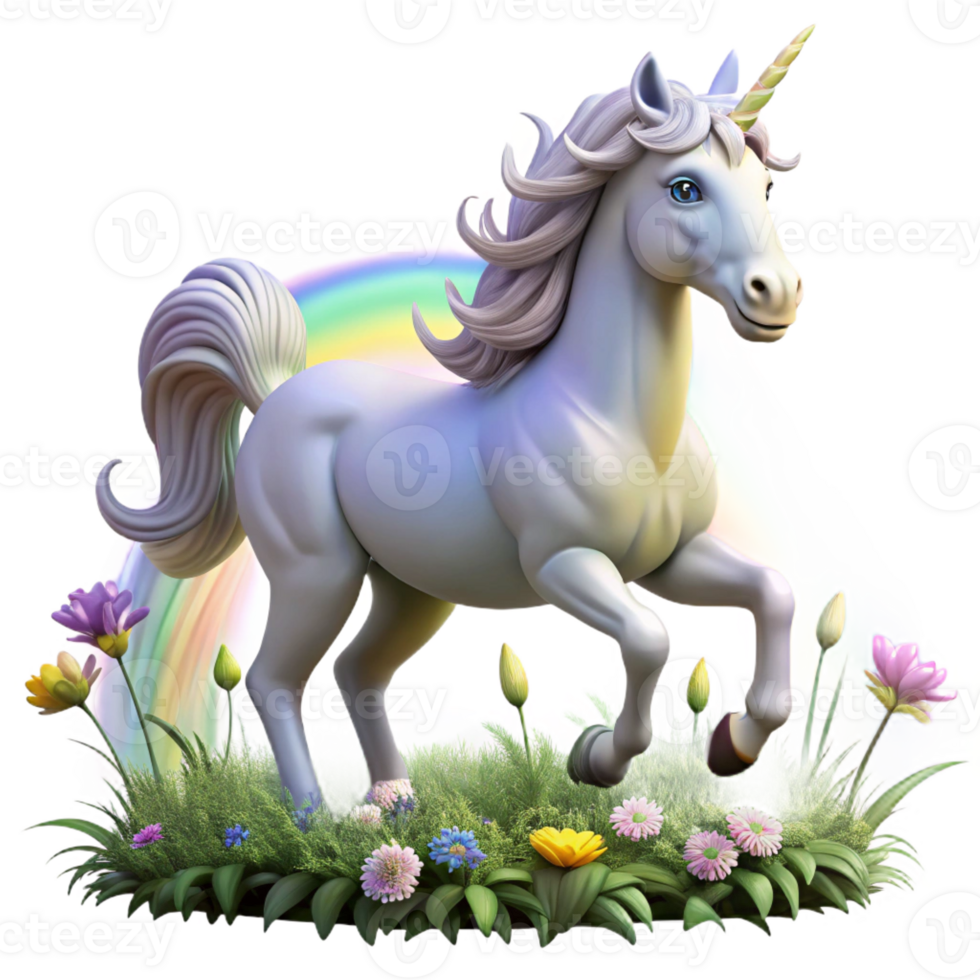 wonderful modern A majestic unicorn with a silver horn and flowing white mane, galloping through a field of wildflowers, illuminated by a rainbow. Art style fantasy painting genuine png