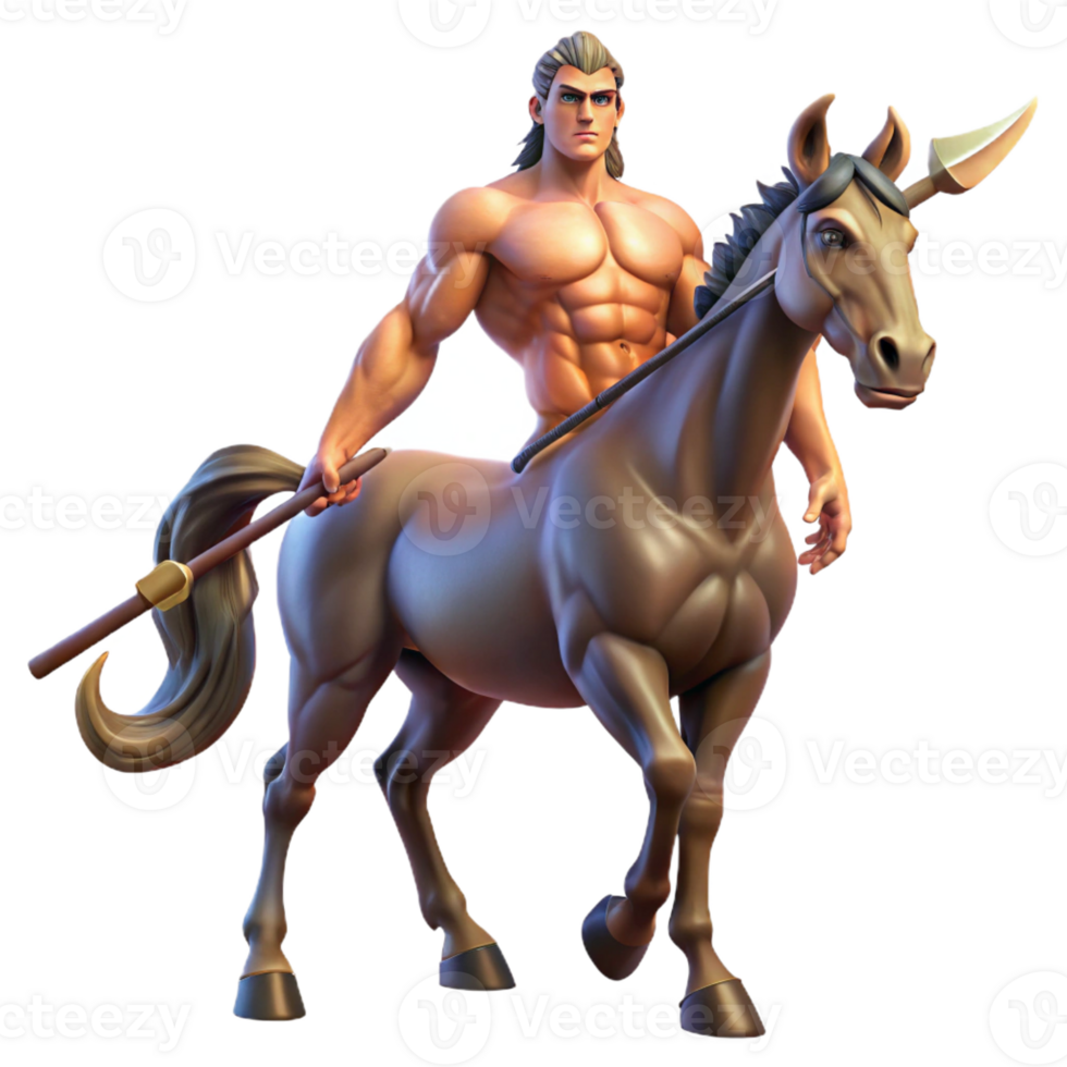 magnificent artistic A powerful centaur with a muscular human torso and a horse's body, wielding a spear, illuminated by the setting sun. Art style heroic fantasy art original png