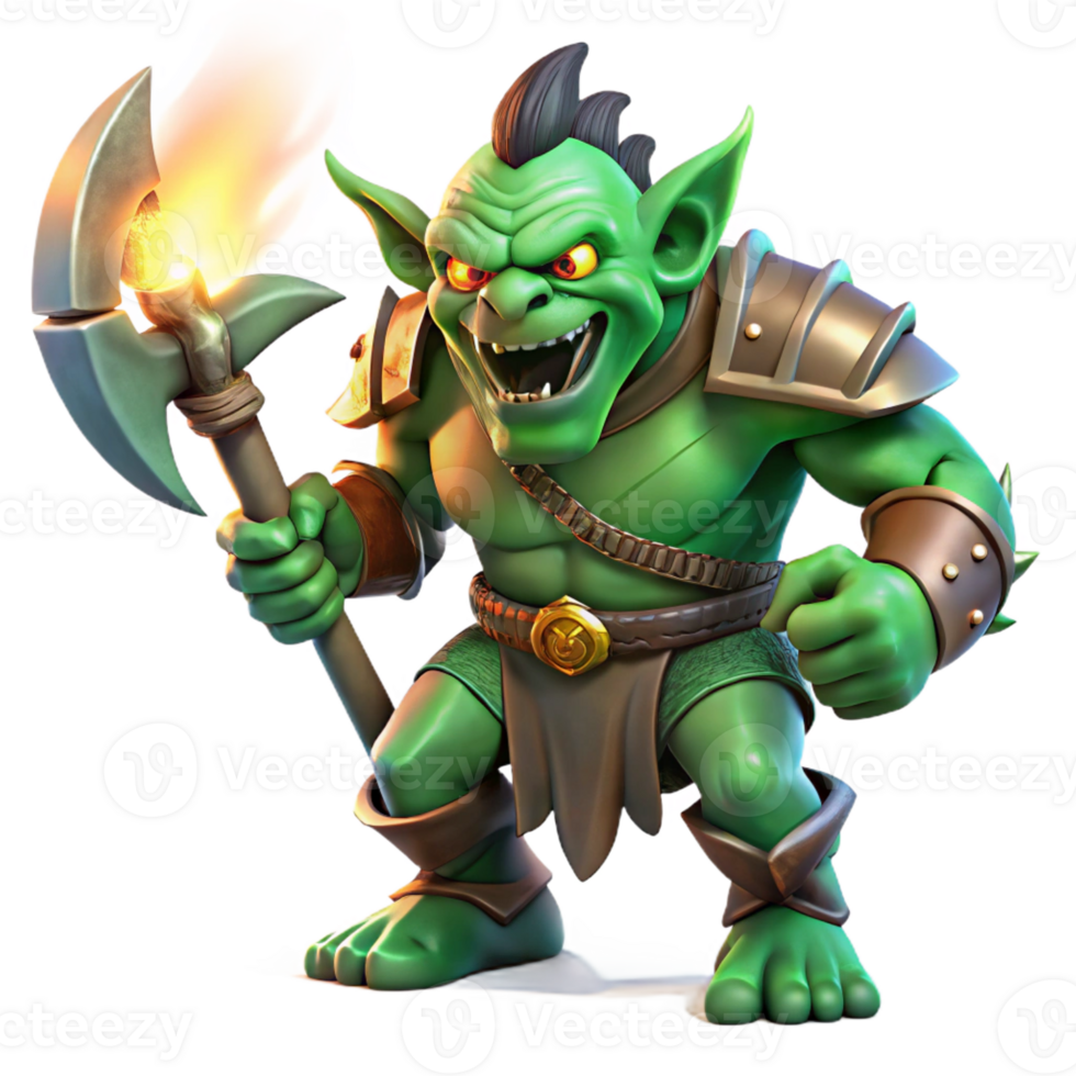 elegant modern A fearsome orc with green skin and sharp tusks, wielding a massive axe, illuminated by flickering torchlight. Art style gritty fantasy art exclusive png