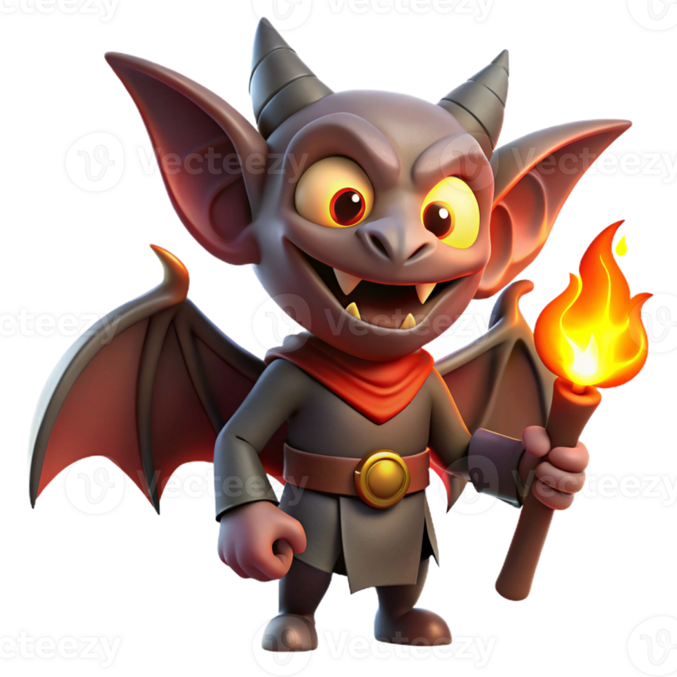elegant artistic A mischievous imp with bat wings and a wicked grin, holding a glowing ember, illuminated by flickering firelight. Art style dark fantasy illustration high quality png