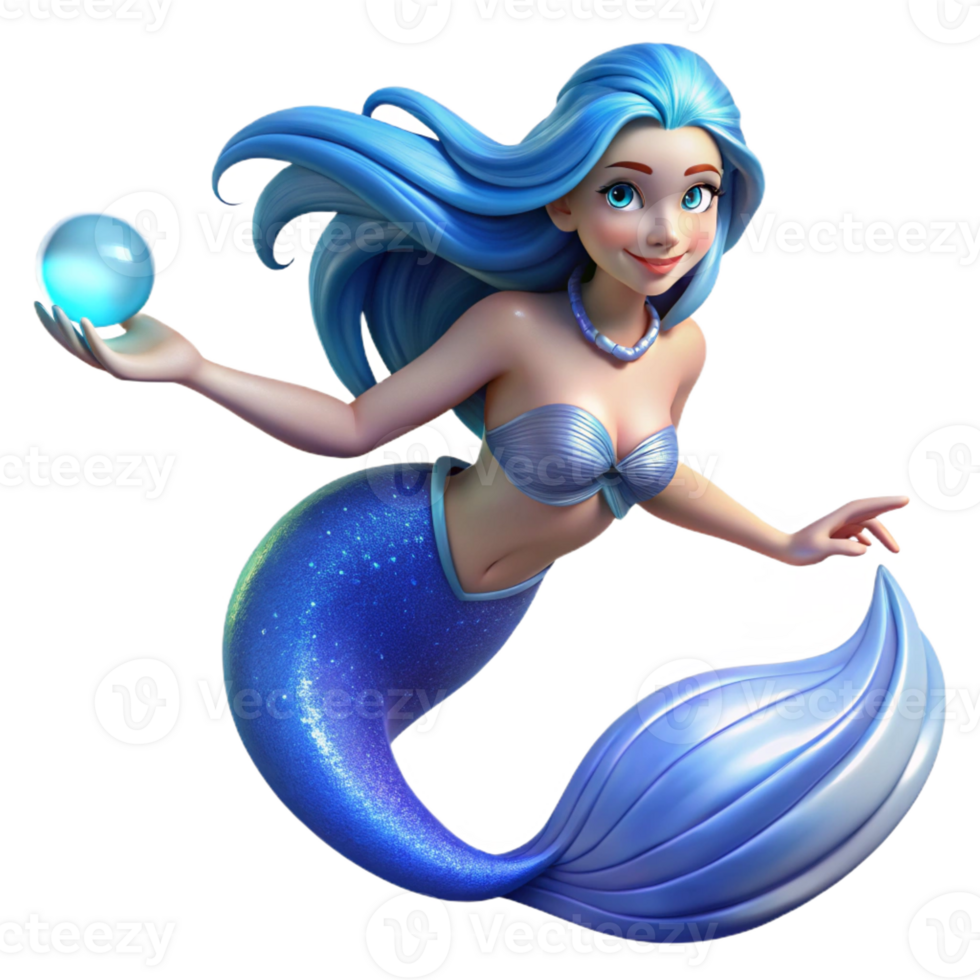 extraordinary vintage A beautiful mermaid with flowing blue hair and a shimmering tail, holding a pearl, illuminated by underwater sunlight. Art style fantasy illustration high resolution png