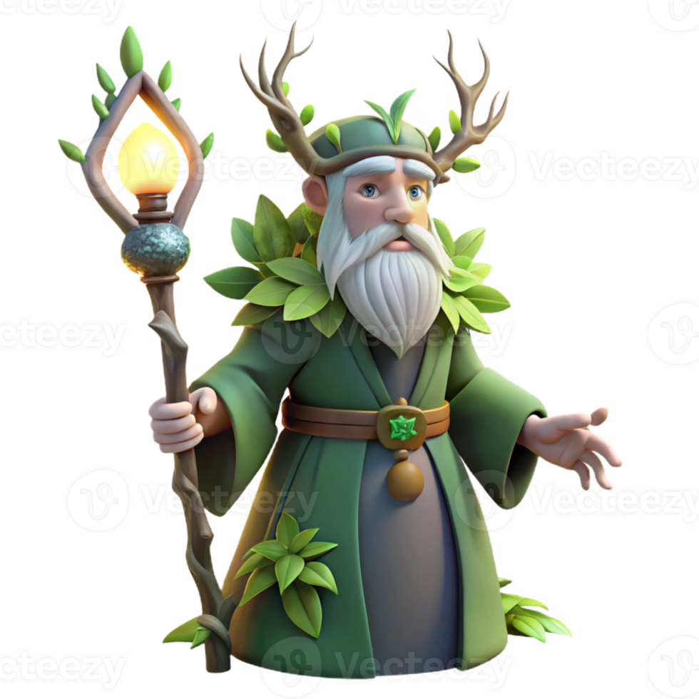 stunning creative A wise old druid with a crown of leaves and a staff made of branches, surrounded by glowing plants, illuminated by moonlight. Art style nature-inspired fantasy art original png