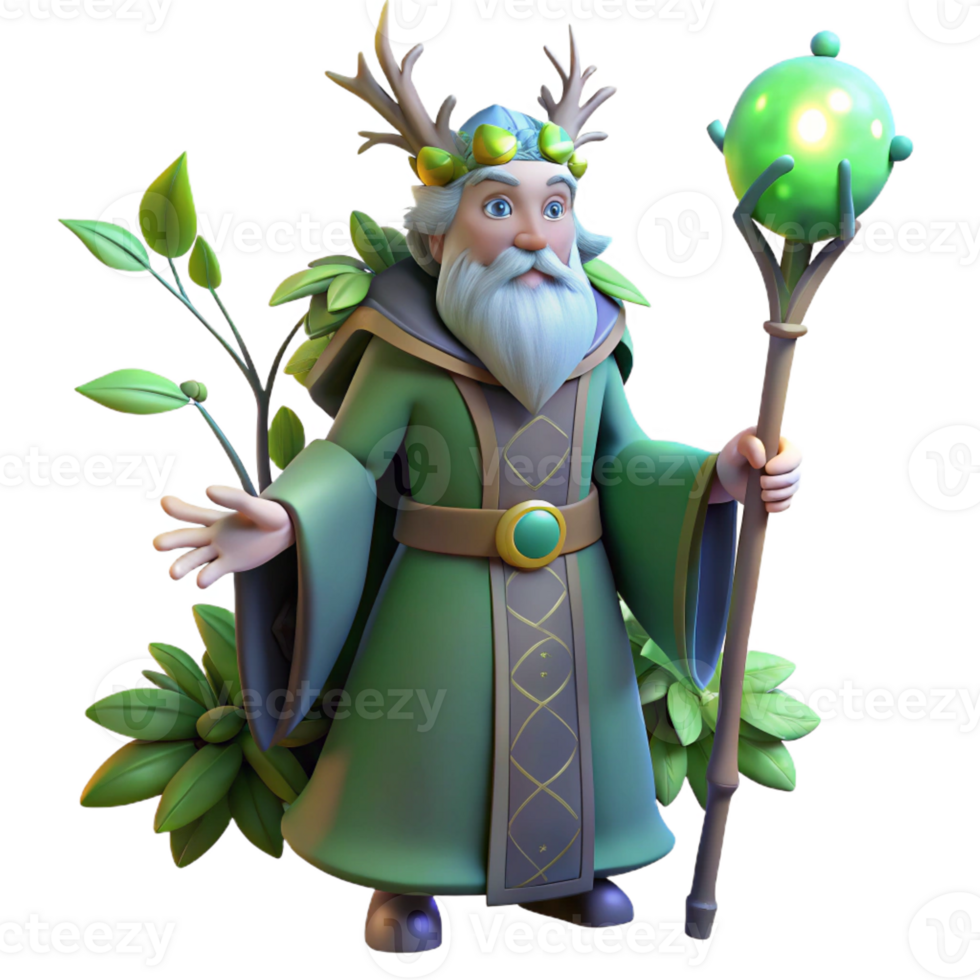 impressive contemporary A wise old druid with a crown of leaves and a staff made of branches, surrounded by glowing plants, illuminated by moonlight. Art style nature-inspired fantasy art genuine png
