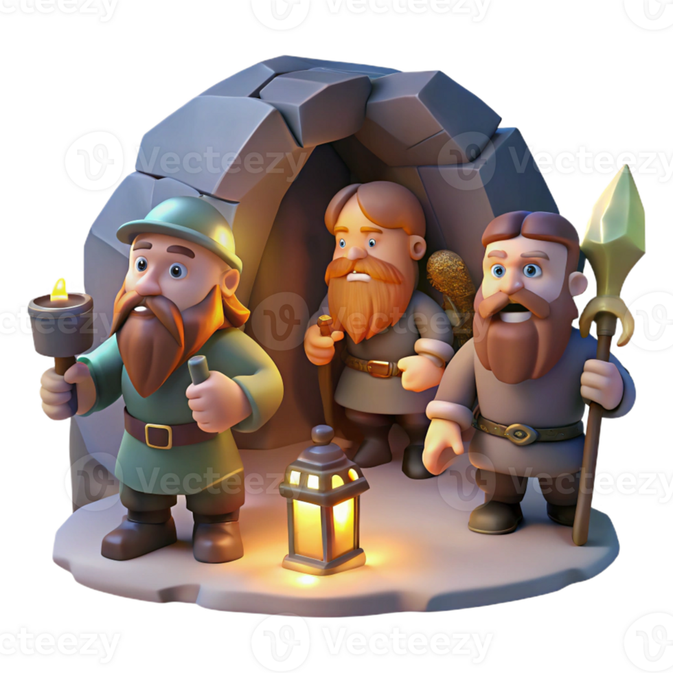 vibrant artistic A group of adventurous dwarves with beards and axes, exploring a dark cave, illuminated by the light of their lanterns. Art style classic dwarven art 4K png