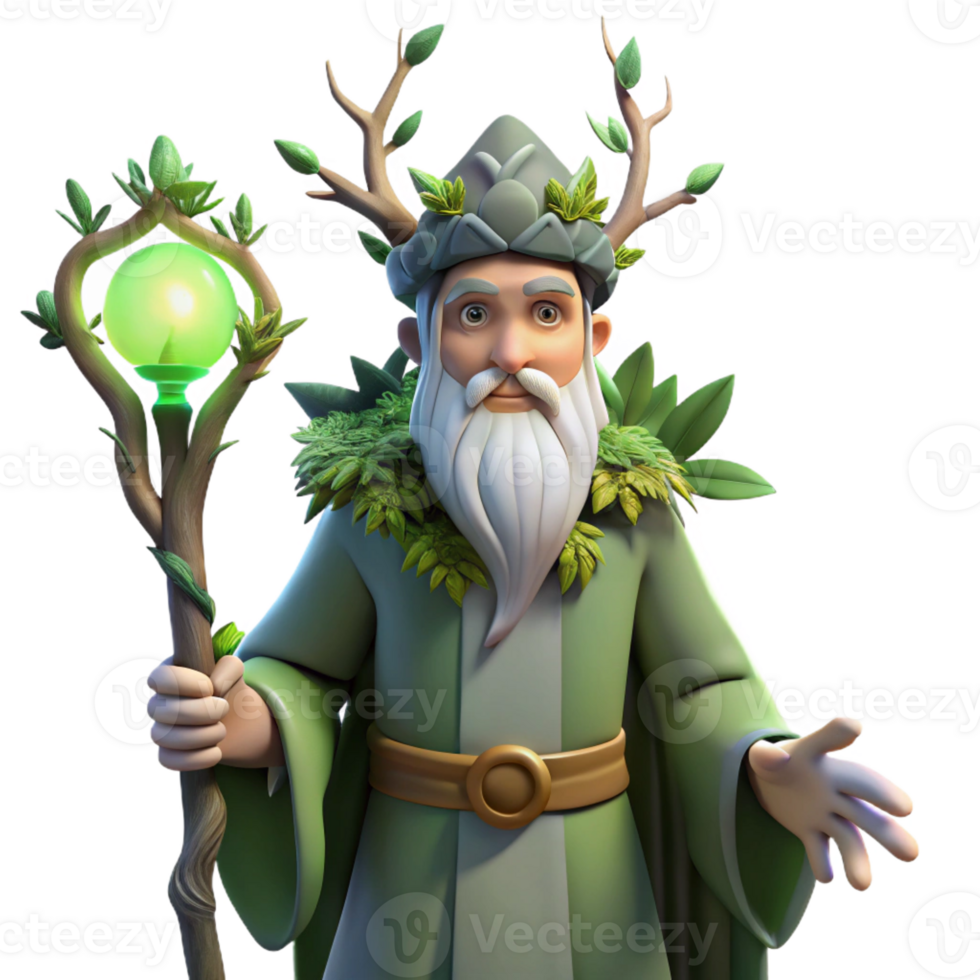 serene traditional A wise old druid with a crown of leaves and a staff made of branches, surrounded by glowing plants, illuminated by moonlight. Art style nature-inspired fantasy art professional png