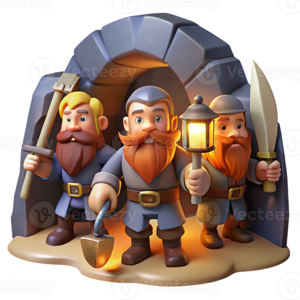 impressive traditional A group of adventurous dwarves with beards and axes, exploring a dark cave, illuminated by the light of their lanterns. Art style classic dwarven art exclusive png