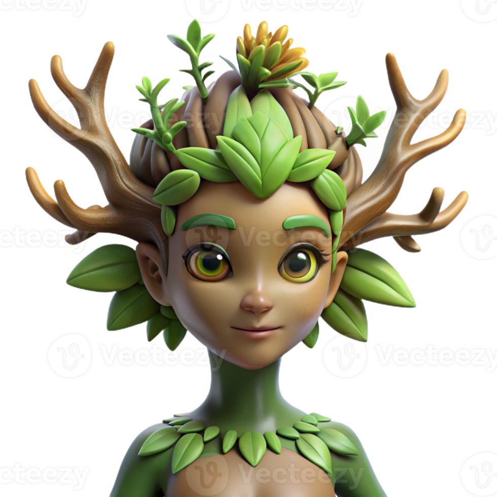 extraordinary artistic A graceful dryad with bark-like skin and leafy hair, emerging from a tree, illuminated by dappled sunlight. Art style nature spirit art premium png