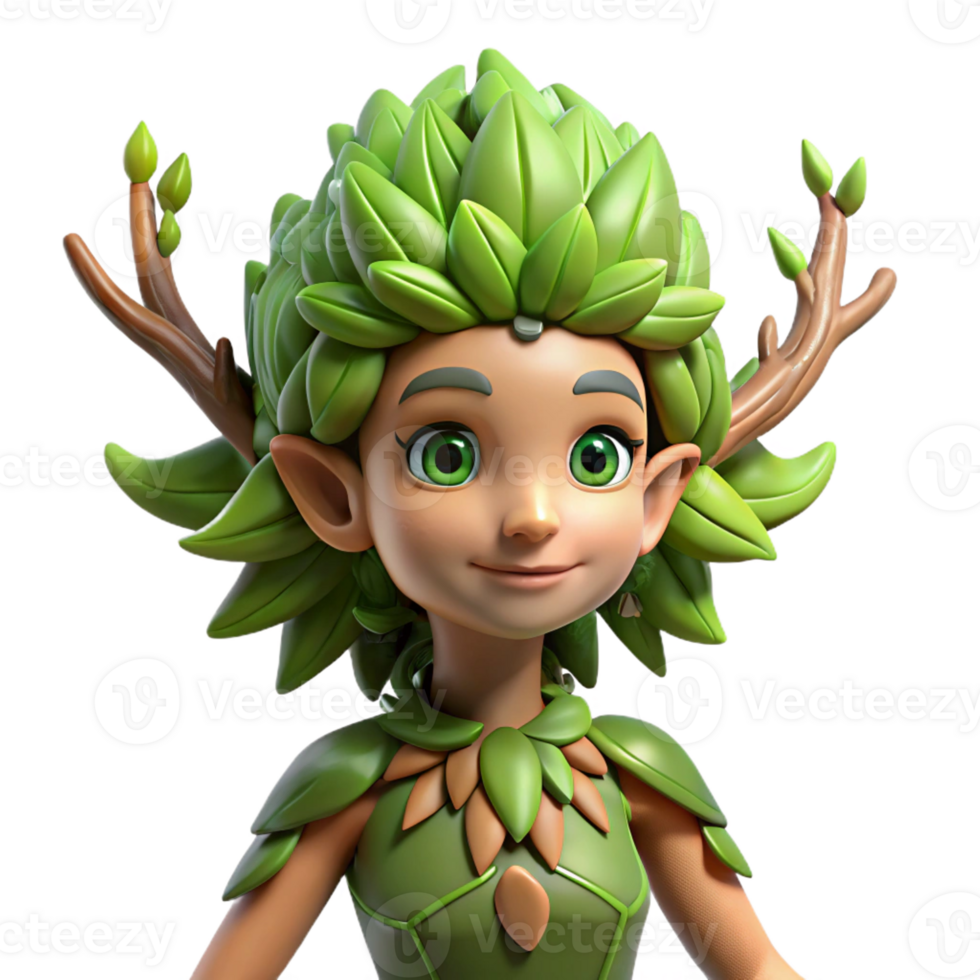 impressive creative A graceful dryad with bark-like skin and leafy hair, emerging from a tree, illuminated by dappled sunlight. Art style nature spirit art high quality png