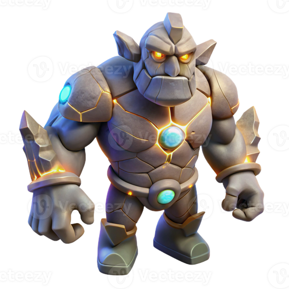 dramatic abstract A powerful golem made of stone, animated by magic, illuminated by glowing runes. Art style fantasy creature art original png