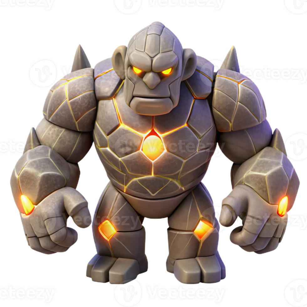 dramatic abstract A powerful golem made of stone, animated by magic, illuminated by glowing runes. Art style fantasy creature art 4K png