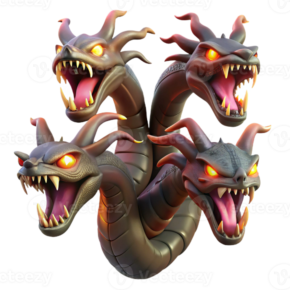 impressive traditional A fierce hydra with multiple heads and venomous fangs, illuminated by flickering torchlight. Art style monstrous creature art premium png