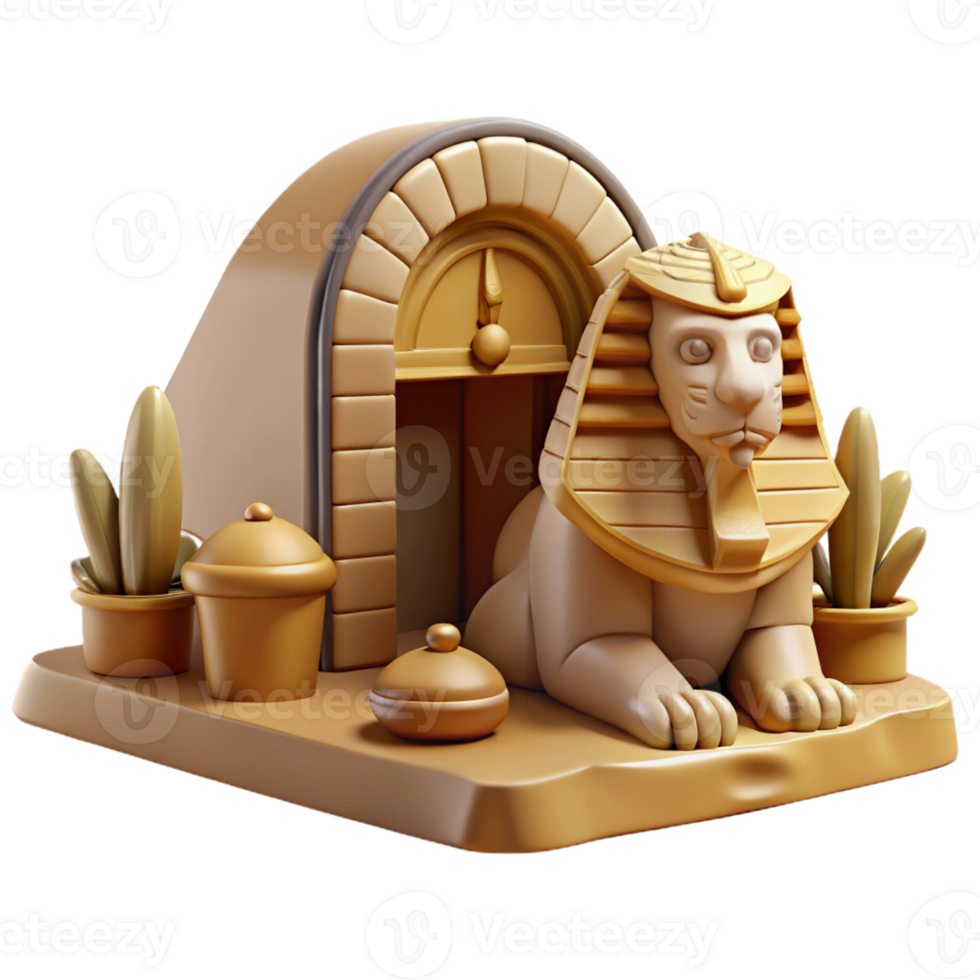 dramatic vintage A stoic sphinx with the body of a lion and the head of a pharaoh, guarding a hidden tomb entrance. Ancient Egyptian art style with muted, earthy tones detailed png