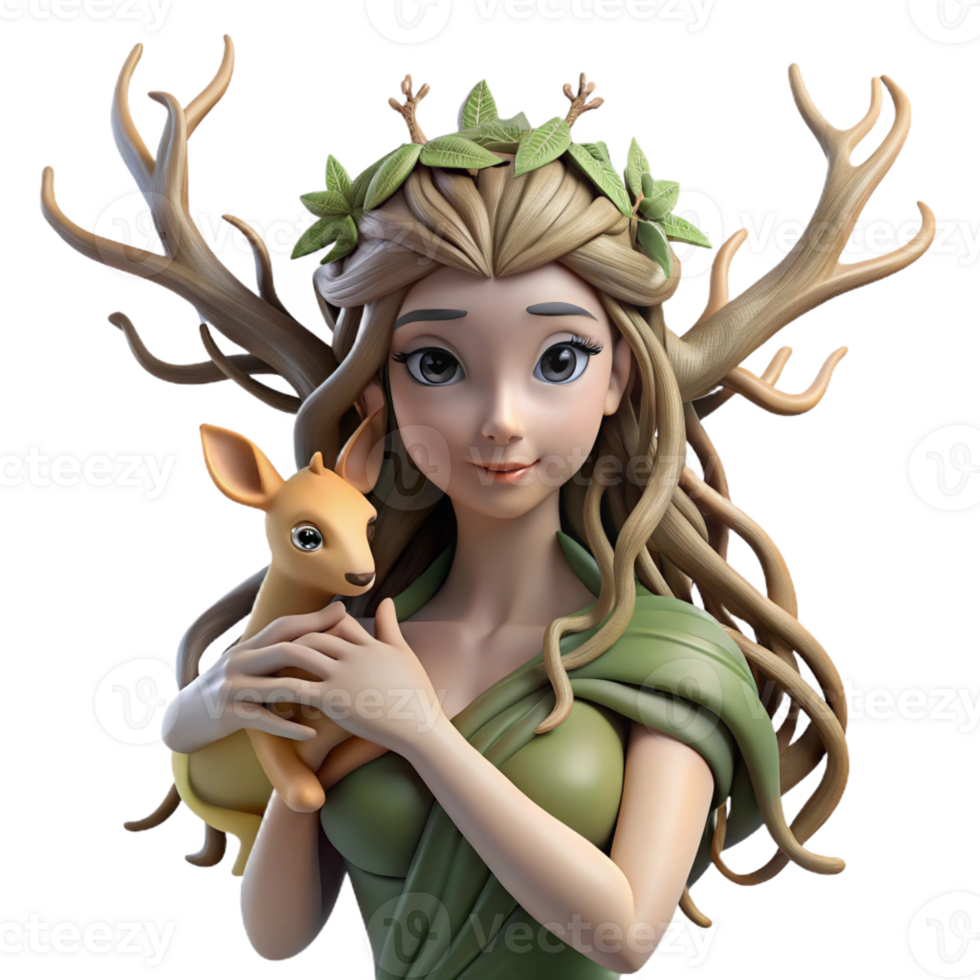 wonderful artistic An elegant dryad with bark-like skin and flowing willow branches for hair, cradling a fawn in a sun-drenched forest clearing. Art nouveau style with soft, dappled lighting original png