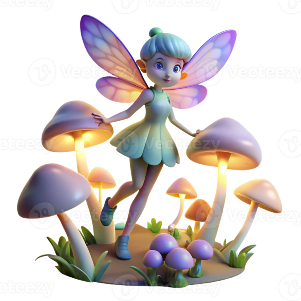 vibrant vintage A playful pixie with iridescent wings, flitting through a field of glowing mushrooms. Fantasy art style with whimsical, dreamlike lighting 4K png