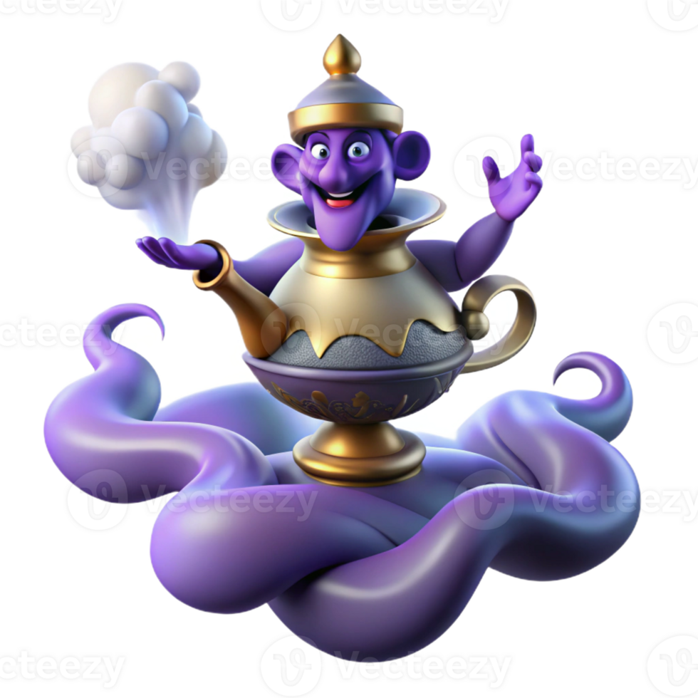 serene classic A powerful djinn emerging from a magic lamp, surrounded by swirling smoke and embers. Arabian Nights style with rich, ornate details premium png