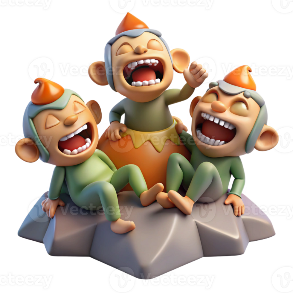 wonderful contemporary A group of mischievous imps playing pranks on a sleeping giant. Fantasy art style with humorous, exaggerated expressions genuine png