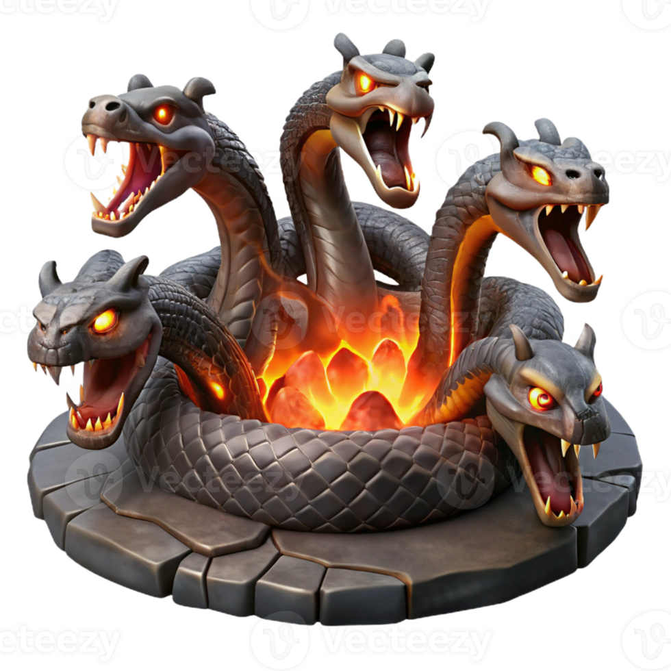 magnificent modern A fearsome hydra with nine serpentine heads, each spitting venomous fumes, rising from a volcanic lake. Dark fantasy art style with intense, fiery lighting original png